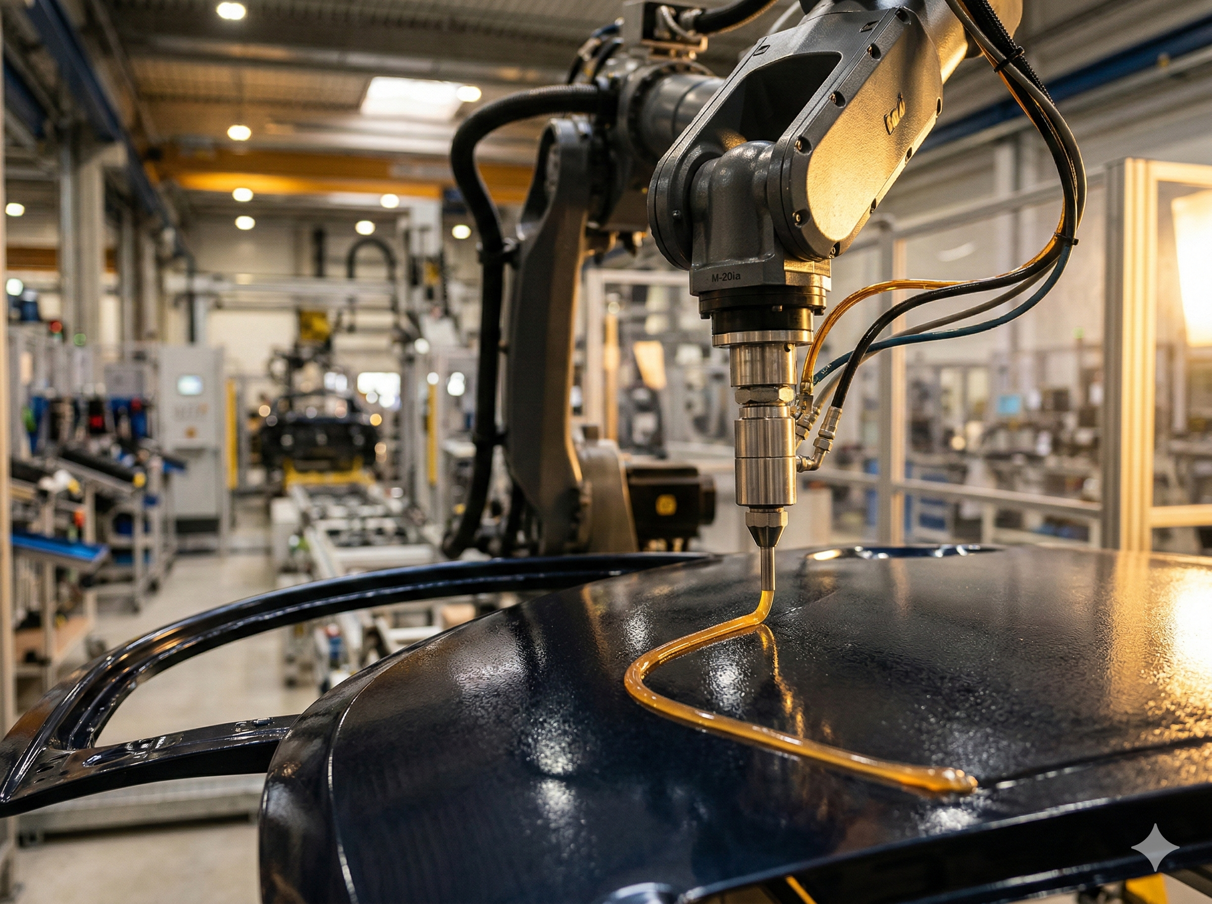 Roboterarm beim präzisen Auftragen von Klebstoff auf ein Automobilbauteil in moderner Produktionshalle