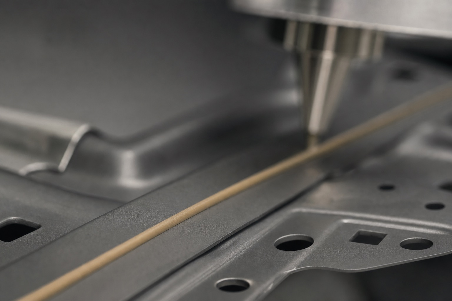 Dosierdüse trägt eine dünne, gleichmäßige Klebstoffraupe auf ein metallisches Karosserie-Strukturbauteil auf